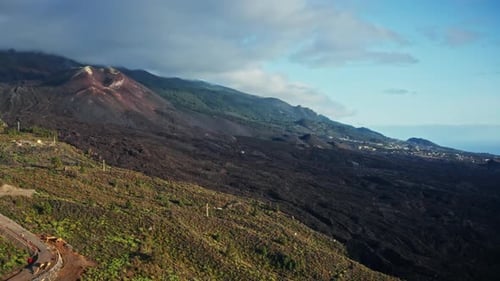 Aerial drone shot over the erupted volcano of Tajogaite in La Palma Island, Canary Islands, Spain. H