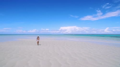 Aerial Drone Quad Copter of Beautiful Travel Beach Woman Walking On