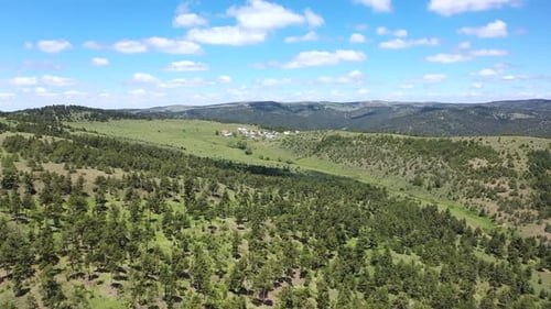 Vue aérienne des arbres, des collines et des maisons des Highlands