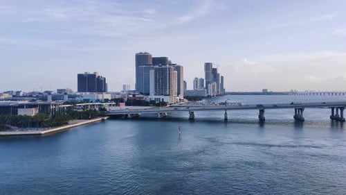 Panoramic wide angle view of a Biscayne bay, Miami drone shot | Aerial view establishing shot of mod