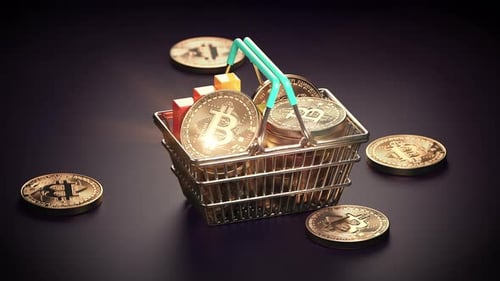 Bitcoin Coins in a Shopping Basket and Growing Graph