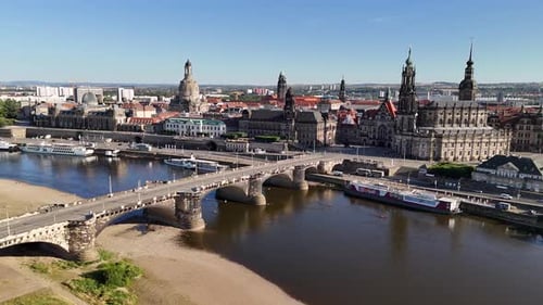 Drone shot of Augustusbrucke (Augustus Bridge) and Dresden's Old Town, Germany