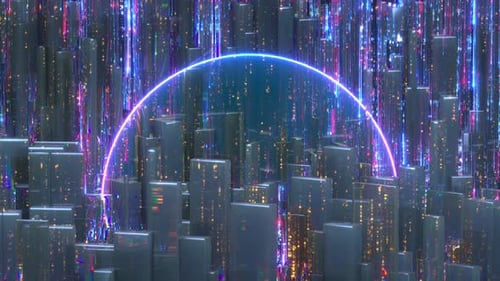 Futuristic city and big data technology. 3D render seamless loop animation