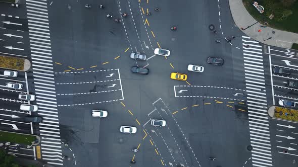 Aerial Top Down View of City Intersection Shows Traffic Movement During ...
