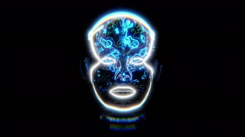 Kalte neutrale künstliche Intelligenz, abstrakter Frauenkopf und blaues Gehirn, Animation