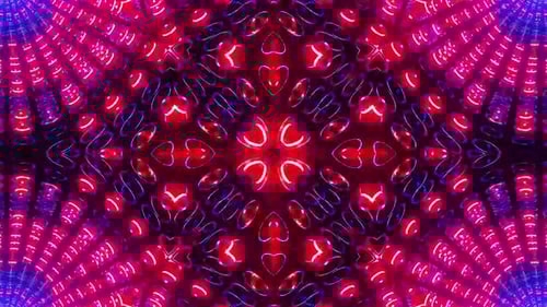 Red and blue circular pattern with black background. Kaleidoscope VJ loop