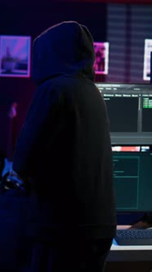 Vertical Video Hacker Arriving in Hidden Underground Shelter Prepared to Launch DDoS Attack