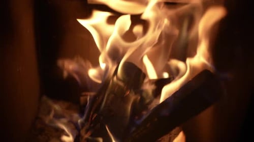 Fireplace with Burning Logs Close Up