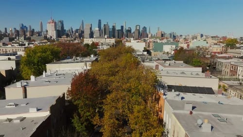 Aerial Perspective Showcasing Urban Landscape of Williamsburg Brooklyn with Manhattan Skyline and