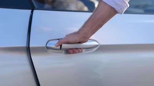 Male Hand Opening the Car Door Passenger Seat Close Up Transport and Lifestyle Concept Slow Motion