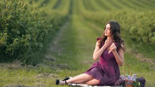 hermosa chica con un vestido carmesí sentada en un campo