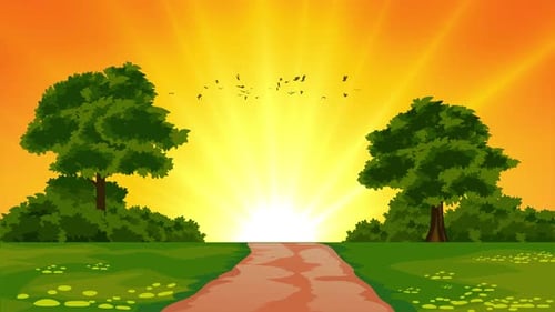 Animated Cartoon Landscape with Bright Sun and Flying Birds
