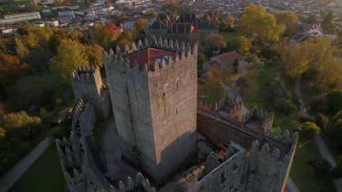 Close up right spin aerial view of the Guimaraes Castle