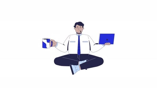 Crossed legged arab businessman meditating with coffee and laptop 2D character animation