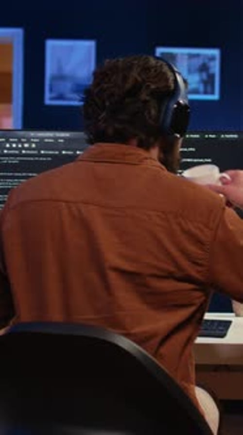 Developer Drinking Coffee and Listening Music While Writing Code