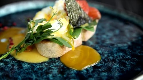 Elegant Sandwich Appetizer Topped With Eggs and Salmon