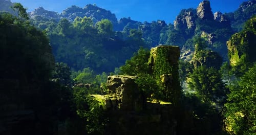 Lush Green Landscape with Rocky Formations in a Vibrant Natural Setting