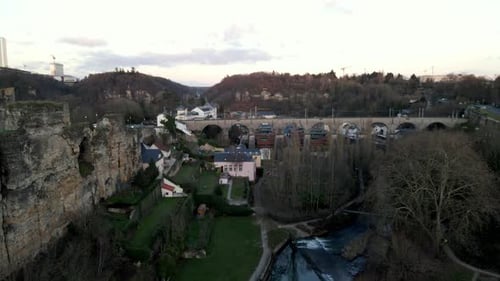 aerial drone shot near old bridge in grund Luxembourg City center