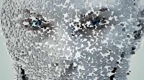 La cara de una inteligencia artificial hecha de cubos, diseño único, fondo claro, exclusivo