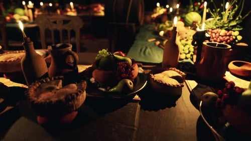Rustic Candlelit Feast Table with Pies and Fresh Fruits
