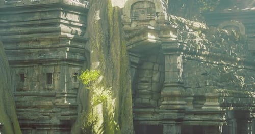 Ancient Temple Ruins Surrounded By Lush Greenery in a Serene Forest Setting
