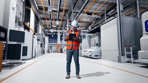 Full Body Of Asian Male Engineer Taking Note On The Tablet At Factory Digitalization