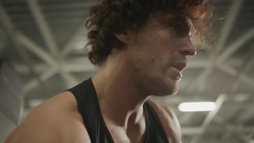 Muscular Man Training with Dumbbell in Gym during Weightlifting Workout