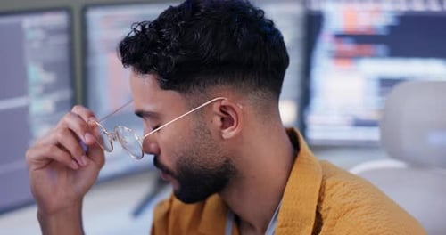 Man, computer screen and coding software development or error mistake for online cybersecurity