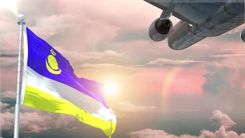 Flag Waving at Sunset with Departing Airplane