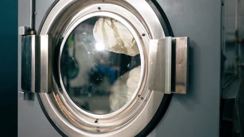 Close Up Professional Dry Cleaning Washing Machine Washing Process Professional Delicate Equipment