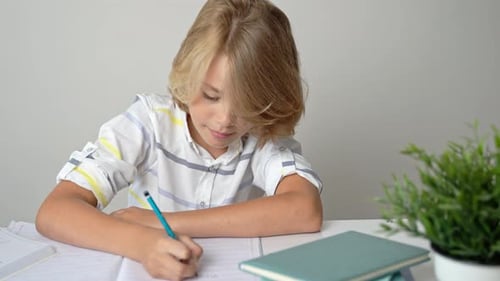 Middle School Smiling Student Boy Sitting at Desk Studying Writing Book Homework and Tablet at Class