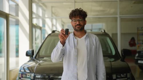 Car Salesman Showing New Car Key in Dealership