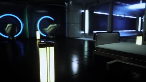 Inside Sterile Clinic with Illuminated Pillars and Reflective Floors