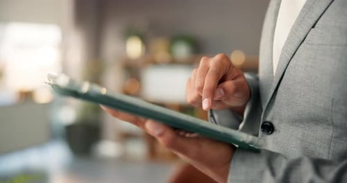 Tablet, typing and hands of business man in office for research, website and financial review