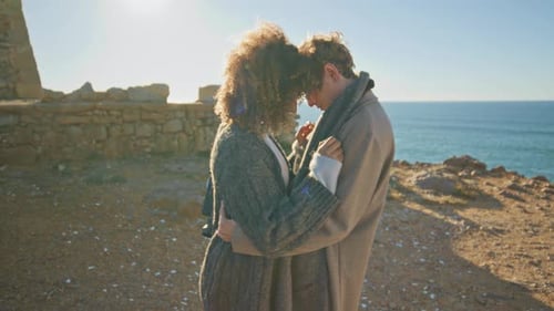 Romantic Lovers Embracing Evening Sandy Beach Closeup Couple Cuddling Together
