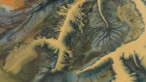 Aerial view of AMD acid mine drainage polluted waters. Natural pattern. Environmental pollution