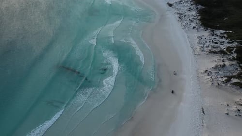 Two Off-road Cars driving on sandy beach in Australia during trip along turquoise bay. Aerial tracki
