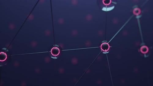 Molekulare Netzwerke im virtuellen Raum. Design. 3D-Moleküle mit Zellkern in biologischen Verbindungen.