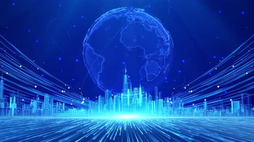 4K Technological Blue Earth City Particles Glowing Diffuse Background Video