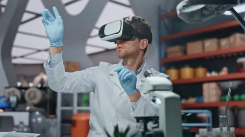 Goggles Scientist Touching Augmented Reality Interface in Laboratory Close Up