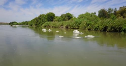 Drone Flying over river with big white stones and birds. Rushing river flowing.