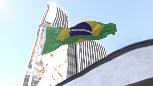 Brazil Flag Waving Over Modern City