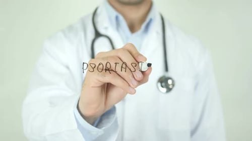Doctor Writes Psoriasis Diagnosis on Clear Surface