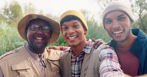 Nature, friends and selfie of men in forest live streaming for social media