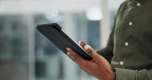 Tablet, hands and business person email in office with networking, web and social media scroll