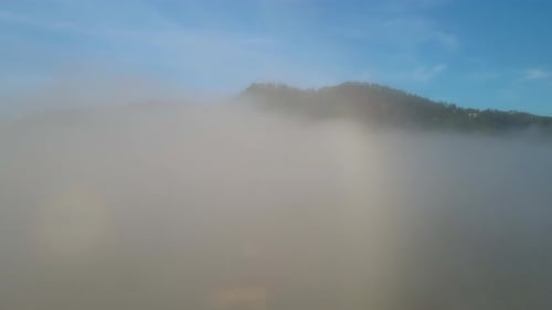 Jarabacoa sunrise, view rising through the mist, cold weather in the Caribbean with mountains and tr