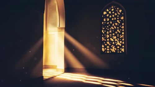 Ramadan or Eid Mubarak Golden Light Rays in Mosque Interior