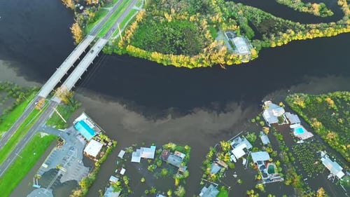 Surrounded By Hurricane Ian Rainfall Flood Waters Homes in Florida Residential Area