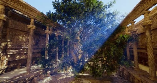 Ruines d'un ancien temple entourées d'un grand arbre en plein soleil