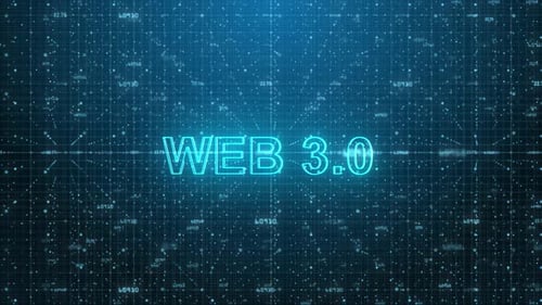 Web 3.0 Text on Futuristic Cyberspace Background. 3D Grid and Binary Numbers.